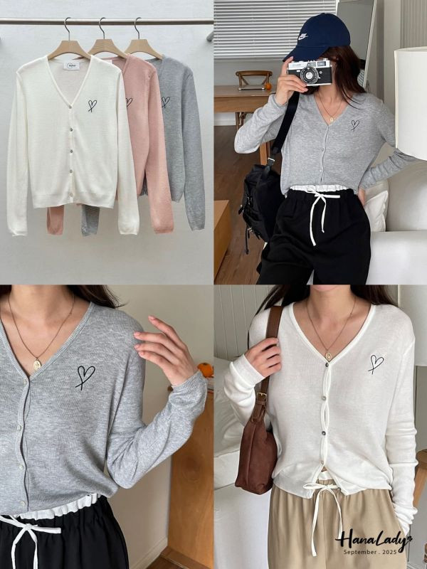 WKA61 刺繡愛心薄針織排釦上衣 