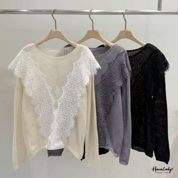 WJA27 微透蕾絲領針織上衣 