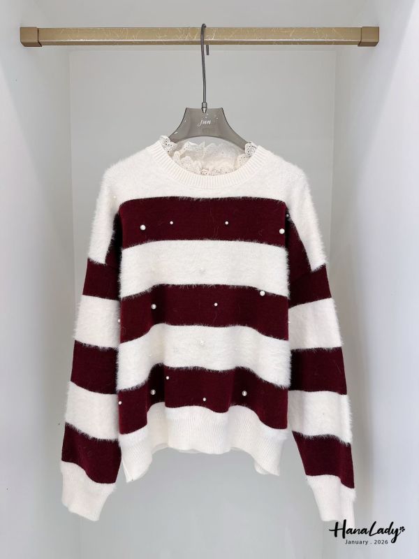 LEA33 蕾絲領釘珠條紋親膚上衣 