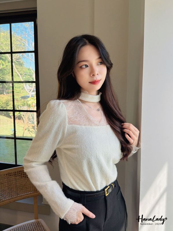 WJB45 小性感透領蕾絲針織上衣 