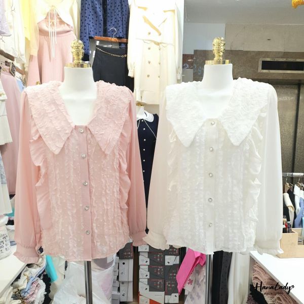 LSA20 浪漫蕾絲鑽石釦雪紡衫 