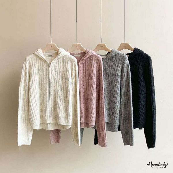 LEA64 超嫩Q麻花連帽針織拉鍊外 