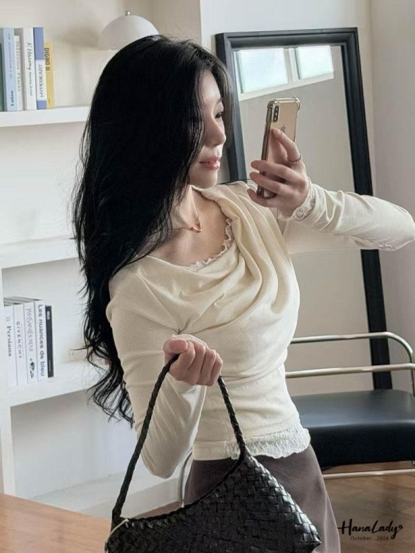 LTA07 甜美蕾絲垂領細針織上衣 
