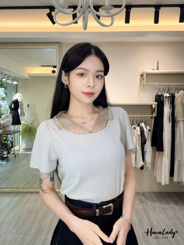 LCA50 甜美珍珠紗領上衣 