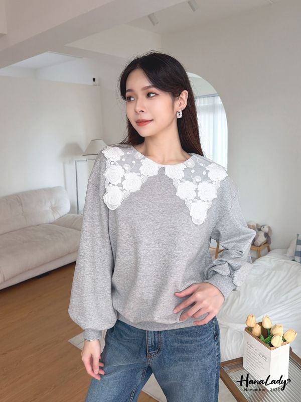 WJA29 浪漫蕾絲玫瑰刺繡領上衣 