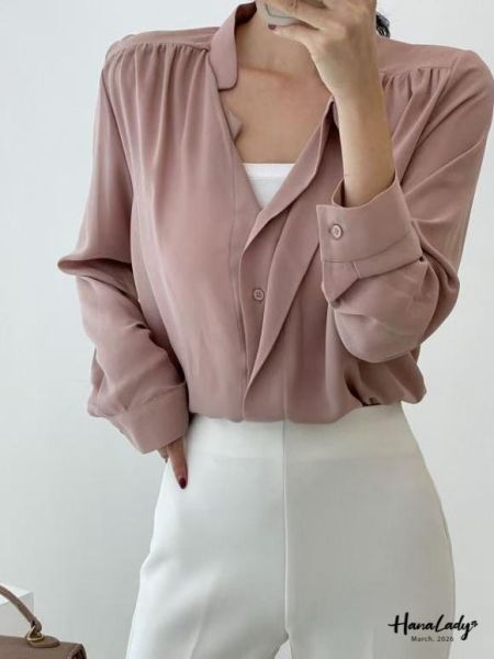 LSA24 優雅排釦V領雪紡衫 