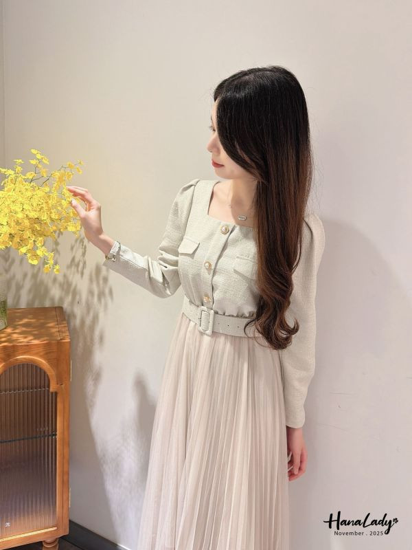 WJA58 精緻珍珠金釦接紗長洋 