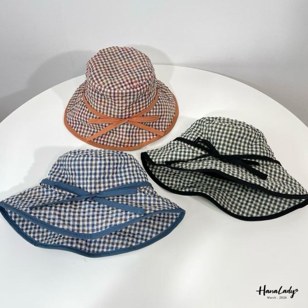 LSA66 夏日格紋綁帶魚夫帽 