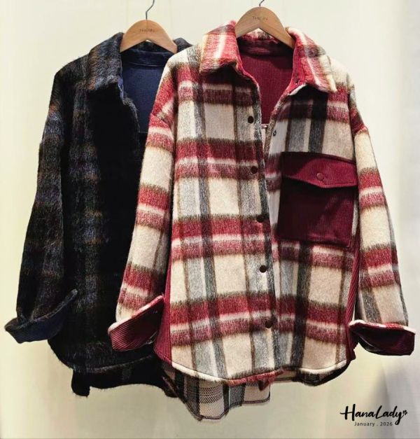 LEA75 棉絨拼接燈心絨格紋衫 