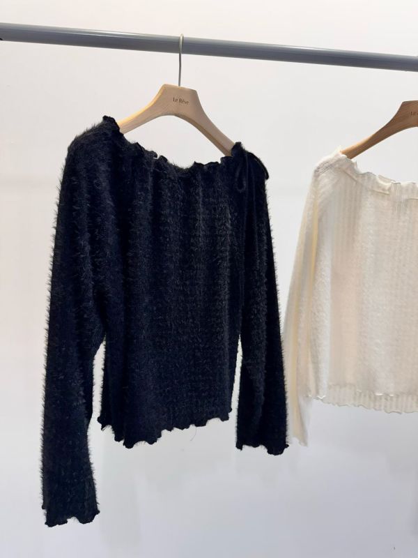 WQA68 抽繩花邊領毛毛上衣 