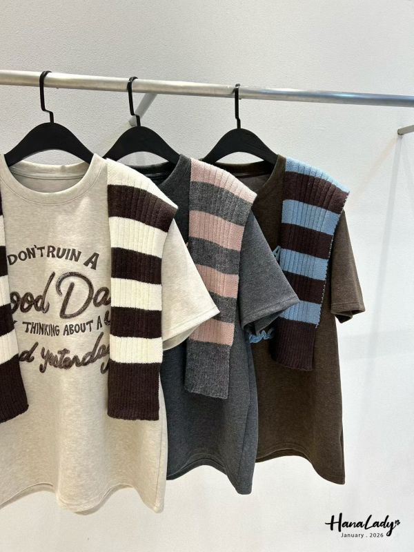 LEA52 條紋披肩刺繡串珠長版T 