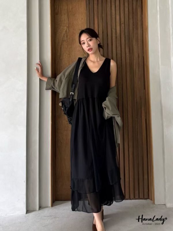 WTA23 異材質拼接層次網紗長洋 