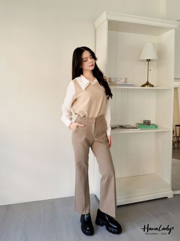 WQA46 假兩件層刺領配色上衣 