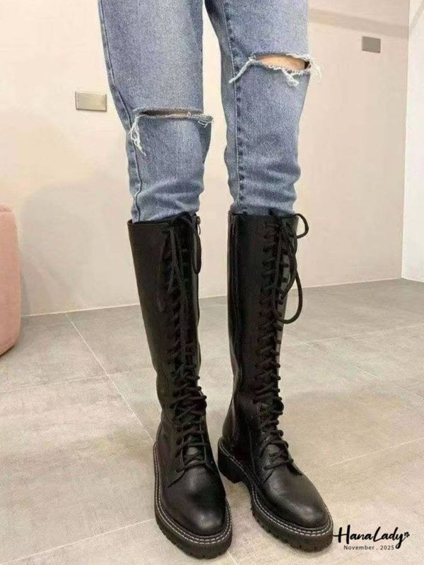 WJB46 帥氣車線綁帶牛皮長靴 