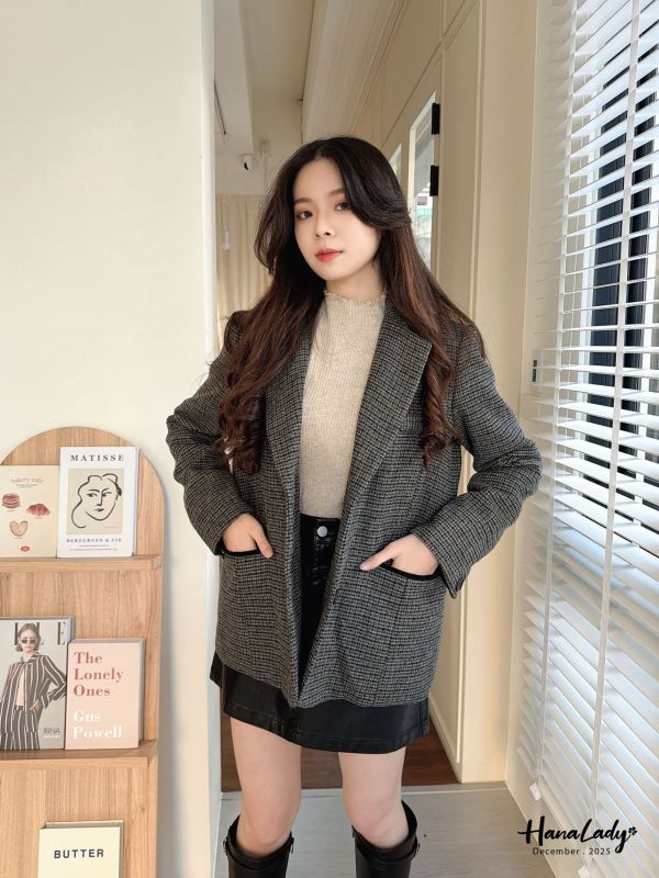 WQA79 燈心絨反摺袖格紋羊毛西外 