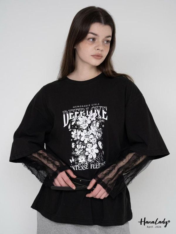 LFA95 假兩件蕾絲袖設計長版T 