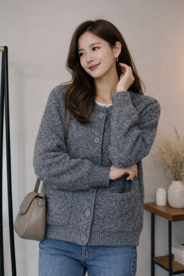 LEB03 百搭Q毛口袋針織排釦外 