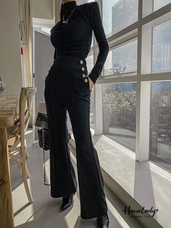 RJB18 高腰寬帶雙排金釦喇叭褲-現貨 