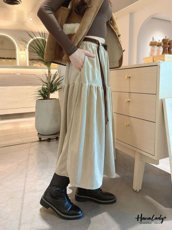 WJA81 浪漫附腰帶麂皮長裙 