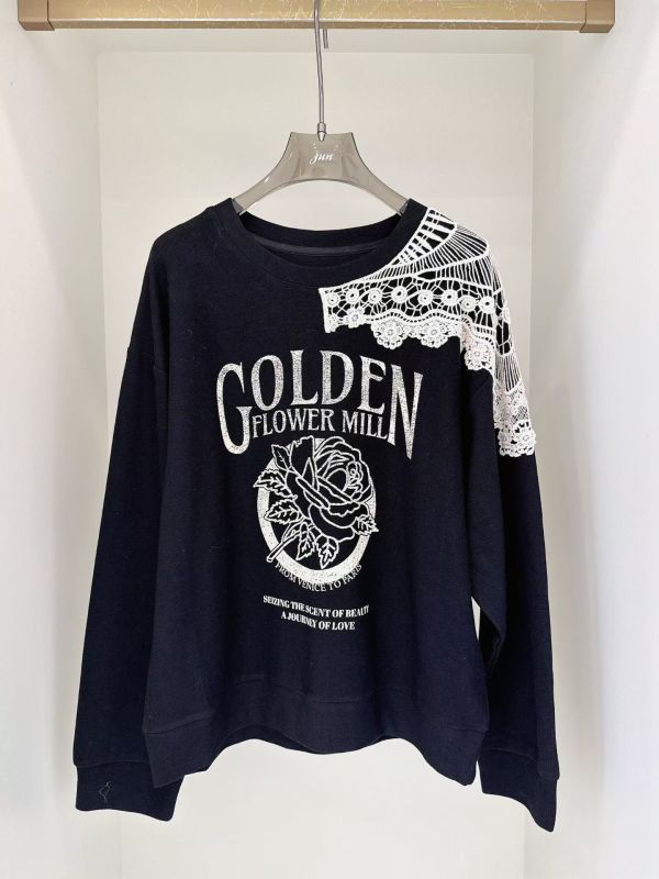 WQA23 設計感單側蕾絲肩印花T 