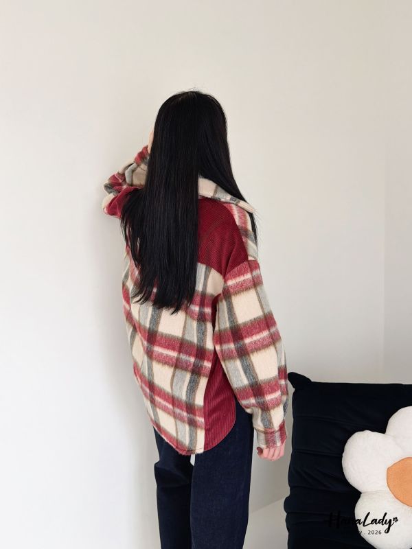 LEA75 棉絨拼接燈心絨格紋衫 