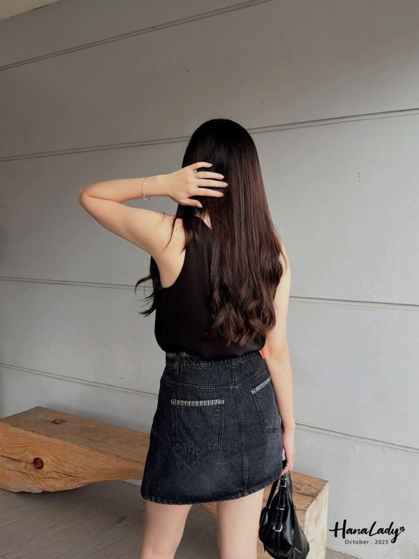 WTB38 顯瘦A字版線條丹寧褲裙 