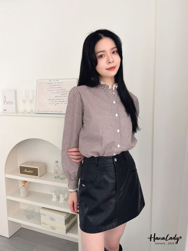 LEA67 拼接蕾絲領格紋襯衫 