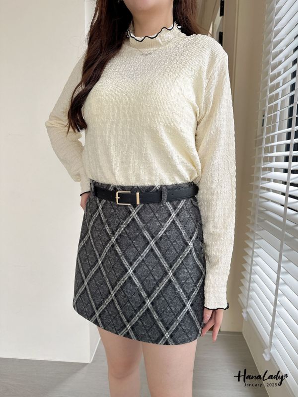 WEA87 附腰帶秋冬後鬆緊格紋短裙 