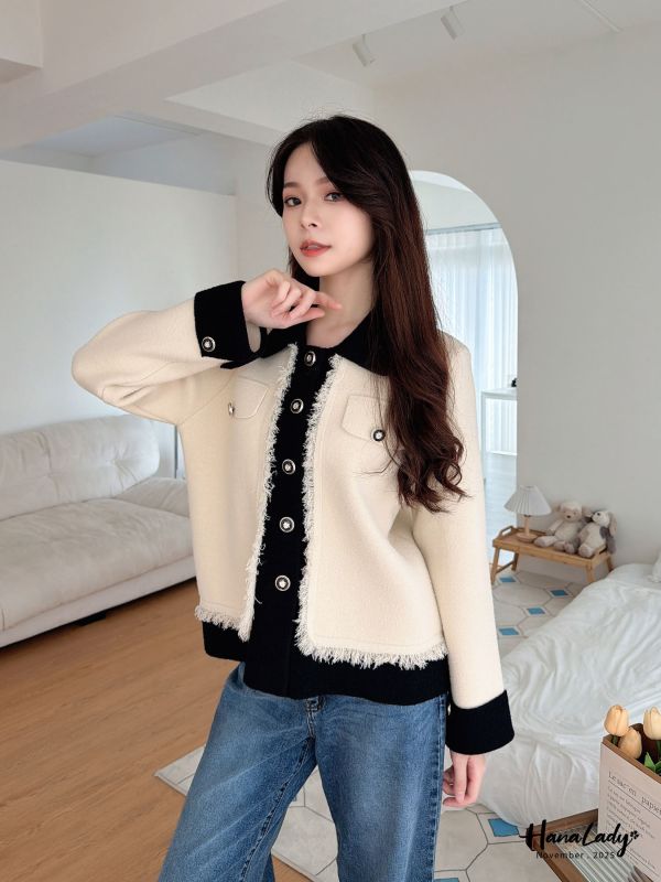 WJB09 精緻造型釦拼色針織外 