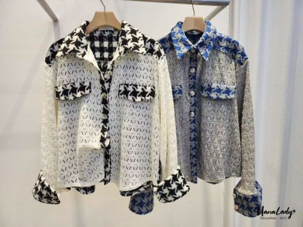 WQA38 千鳥紋配色簍空小花上衣 