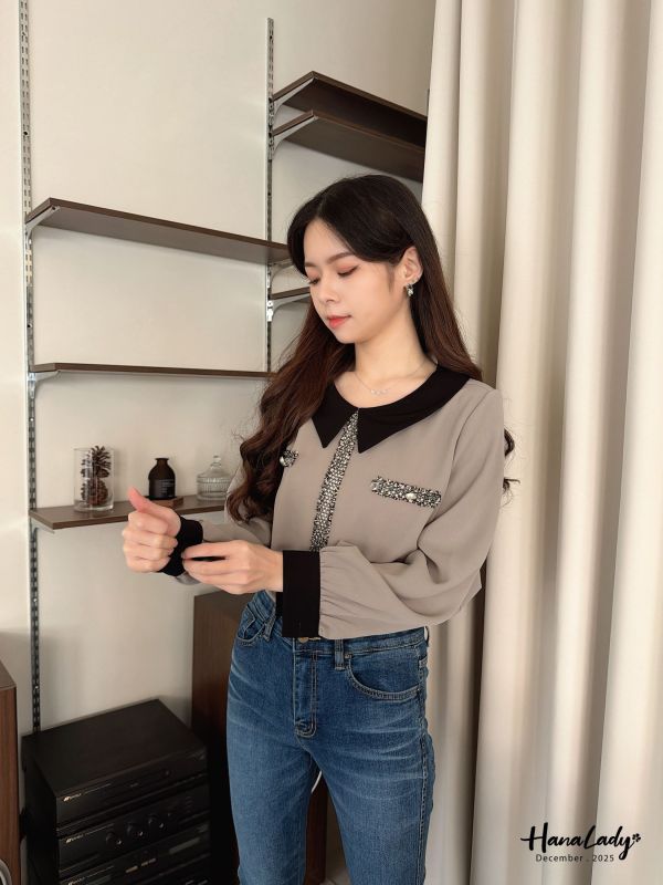 WQA45 毛呢線條小香風雪紡衫 