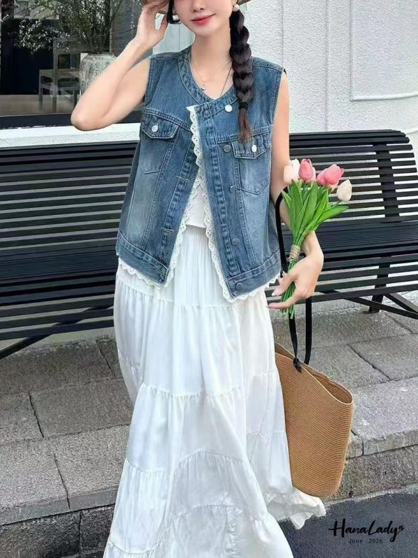 LLA31 浪漫蕾絲邊丹寧背心 