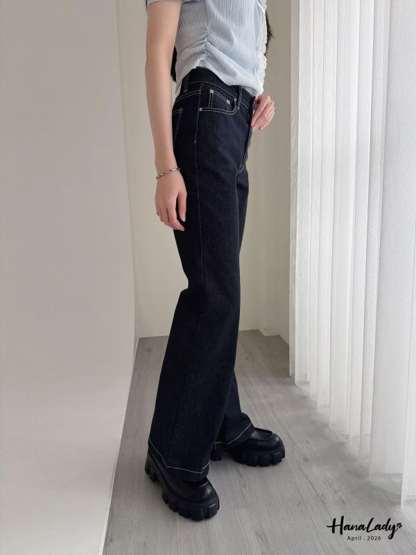 LFA42 直條紋布料丹寧喇叭褲 