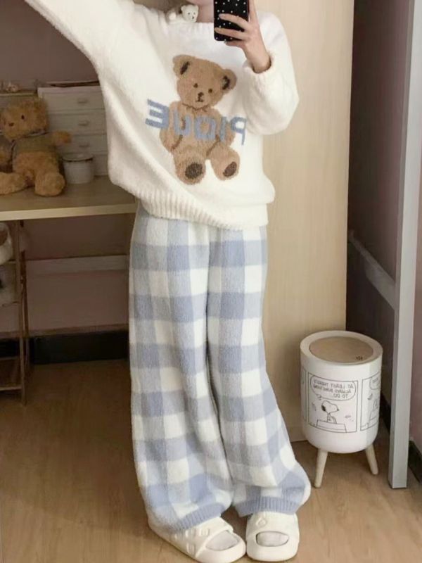 WQB35 超可愛熊熊格紋睡衣套裝 