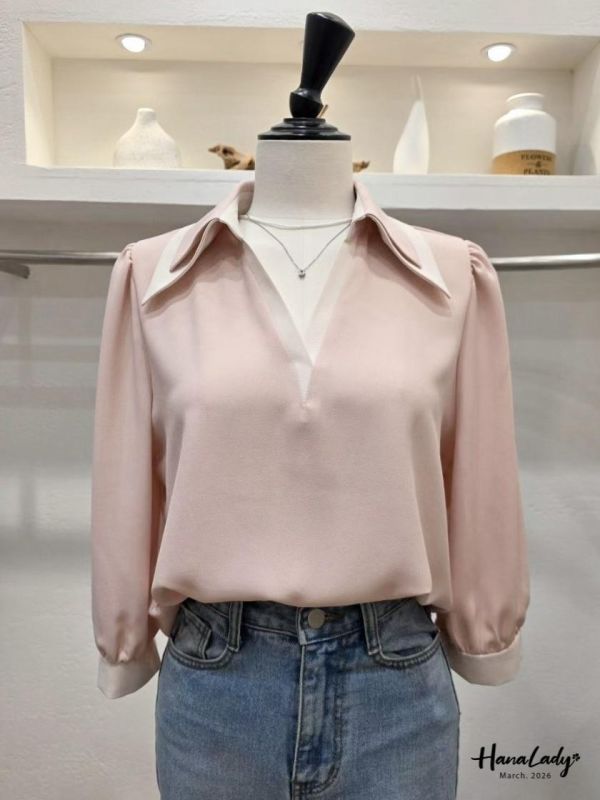 LSA22 層次V領配色雪紡衫 