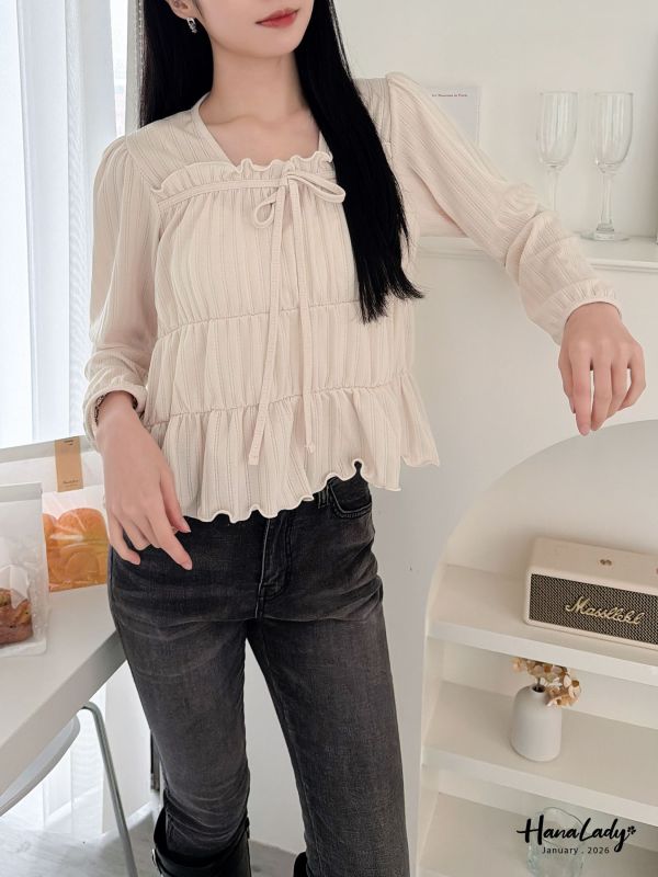 LEA59 綁結領層次QQ邊上衣 