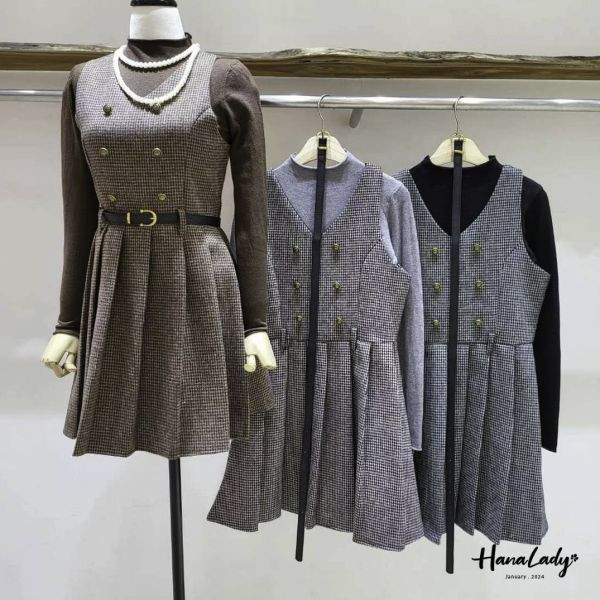 FEA31 復古上衣格紋背心短洋SET 