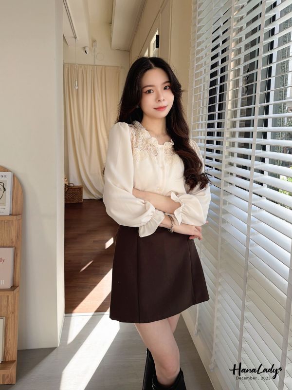 WQA90 優雅荷葉蕾絲領雪紡衫 