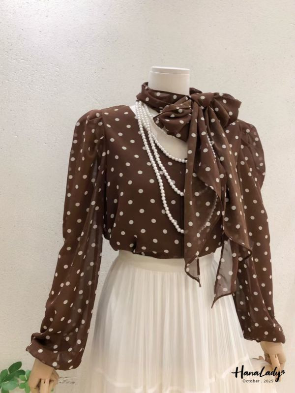 WTA03 復古波點緞帶雪紡衫 