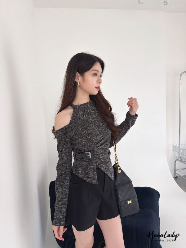 WJA51 設計感掛脖挖肩開衩上衣 