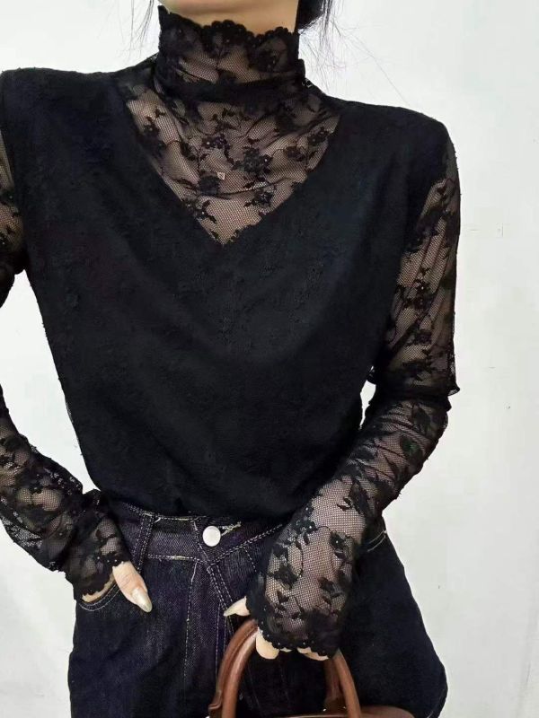 WQB72 V線假兩件內磨毛蕾絲上衣 