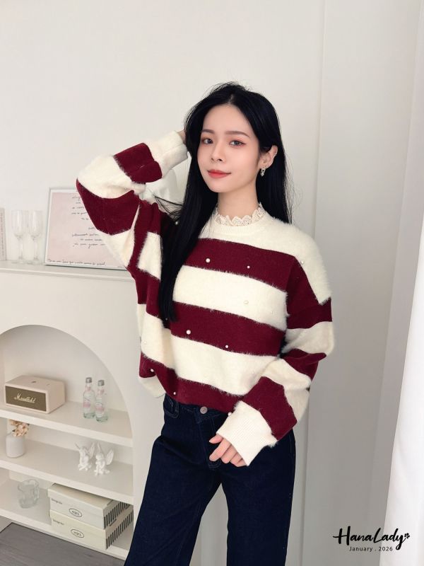 LEA33 蕾絲領釘珠條紋親膚上衣 