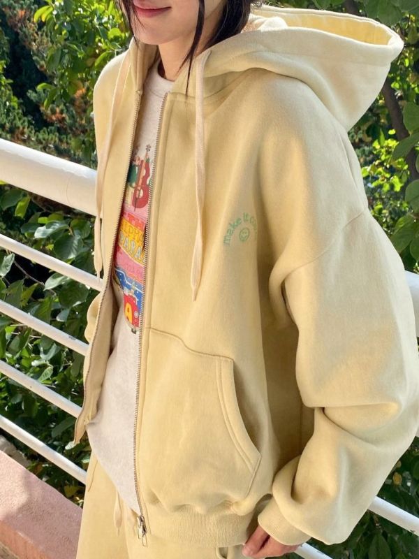 WQA03 微笑刺繡內刷毛連帽拉鍊外 