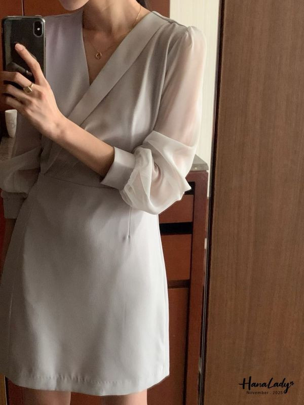 WJA59 層次交叉領透袖雪紡短洋 