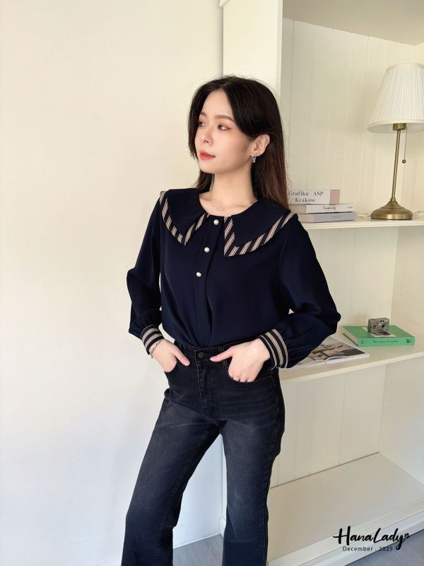 WQA47 線條層次領珍珠雪紡衫 