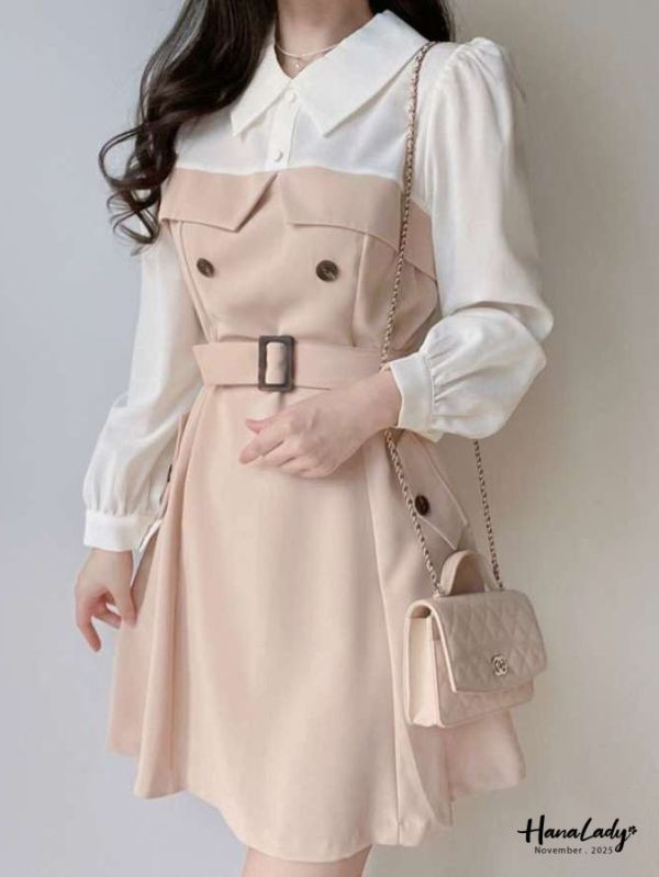 WJA46 知性拼色收腰雪紡短洋 