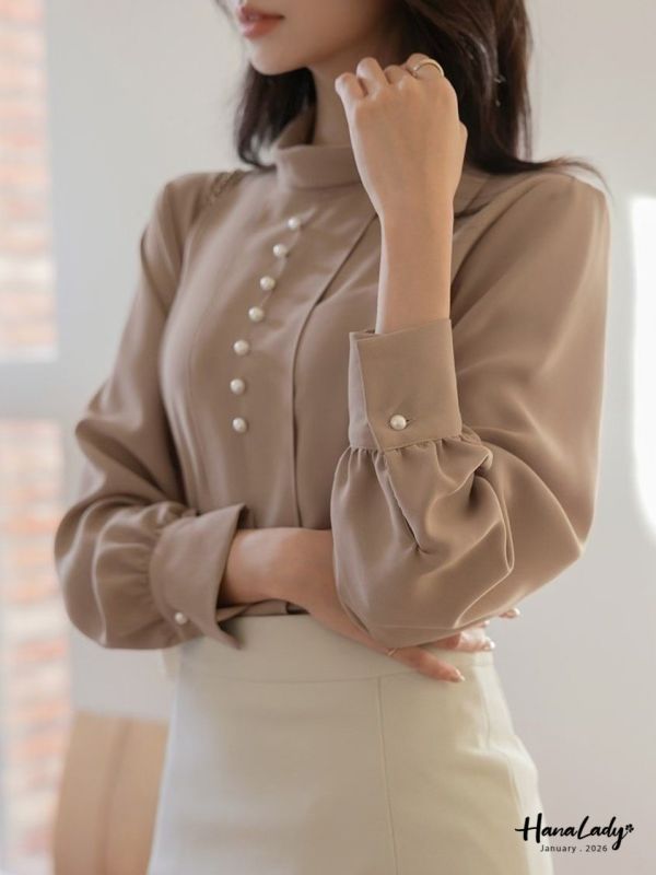 LEA28 珍珠小立領雪紡上衣 