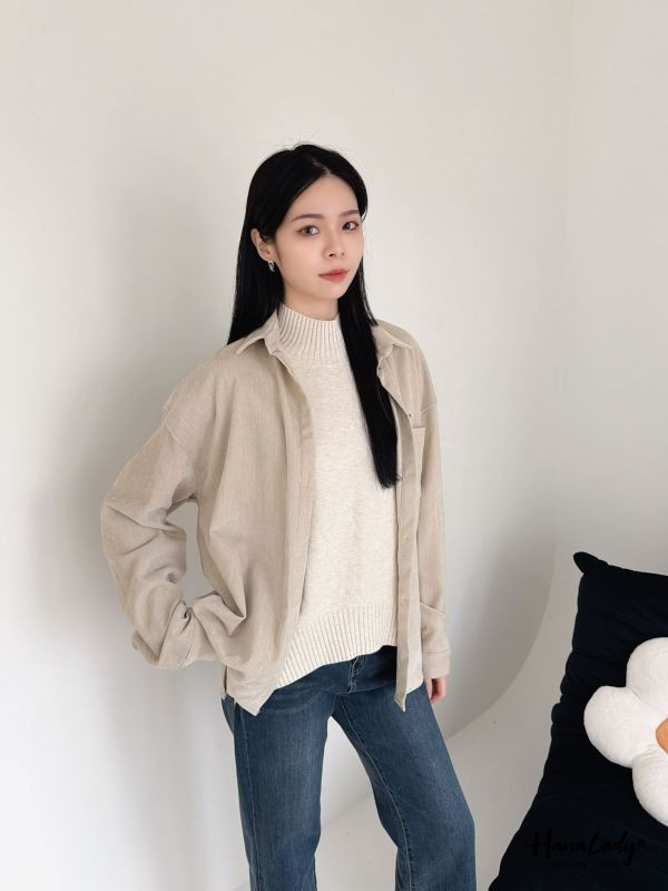 LEA39 高質感克羅心釦絨布襯衫 