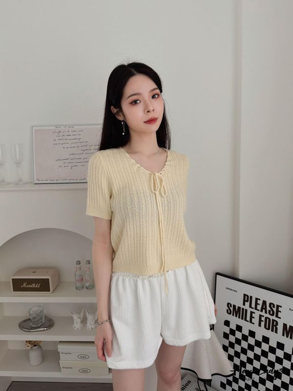 LFA69 小麻花綁結領針織上衣 