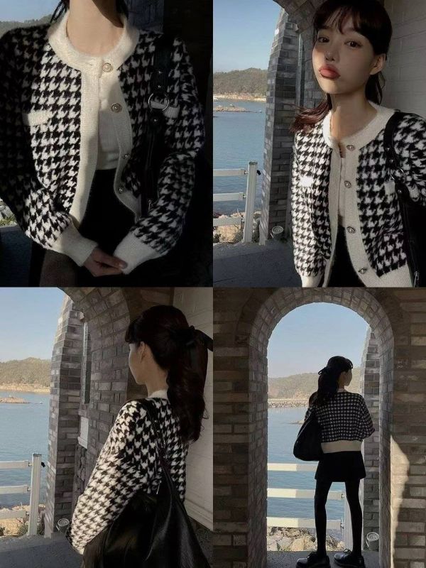 WQB69 千鳥格紋珍珠釦針織上衣 